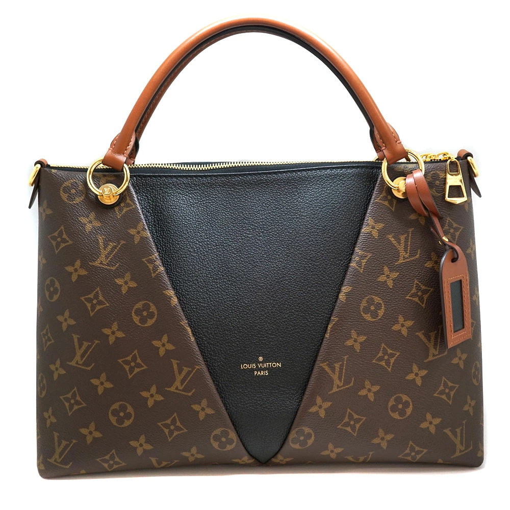 LOUIS VUITTON V Tote Monogram Canvas Grained Calf Leather Brown Noir Black